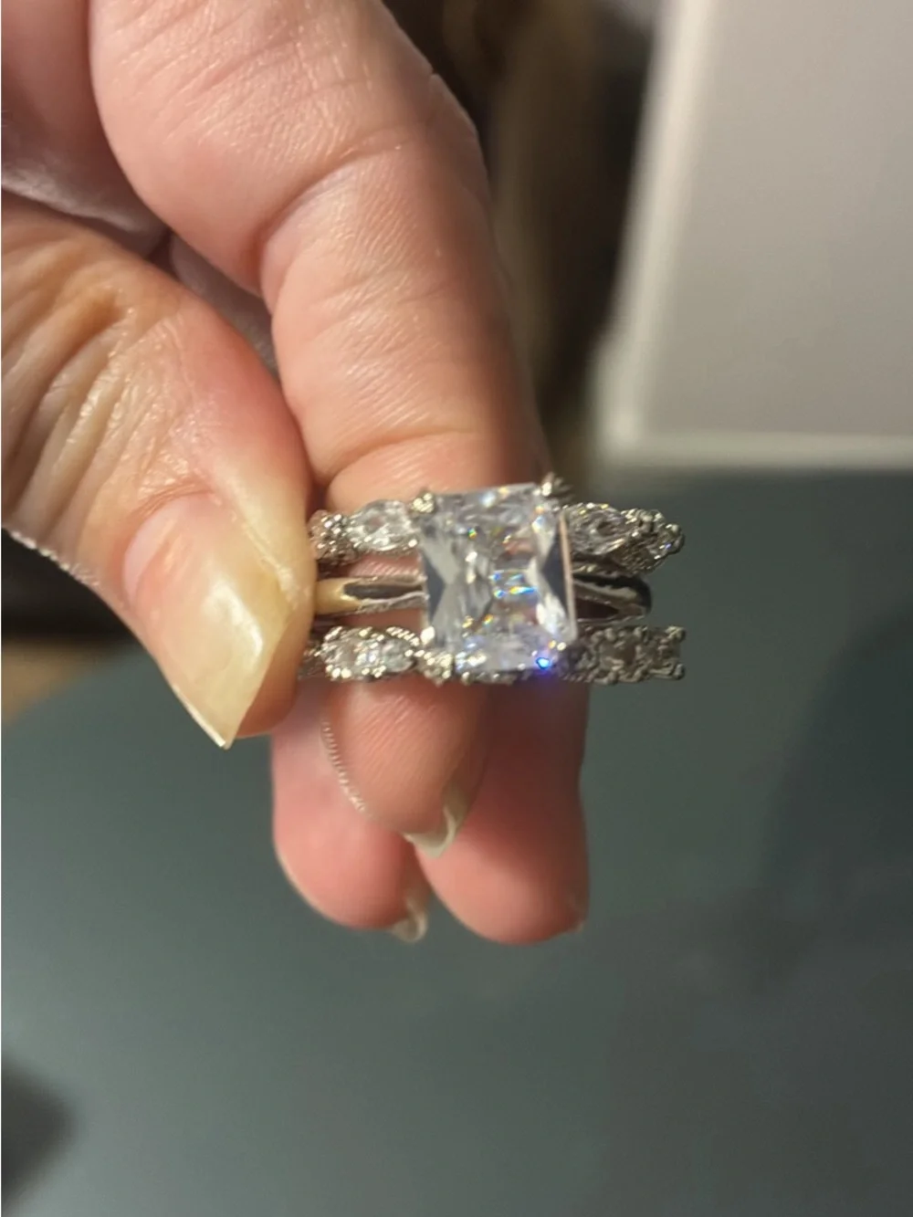 Silver Emerald-Cut Clear Stone Engagement Ring Set